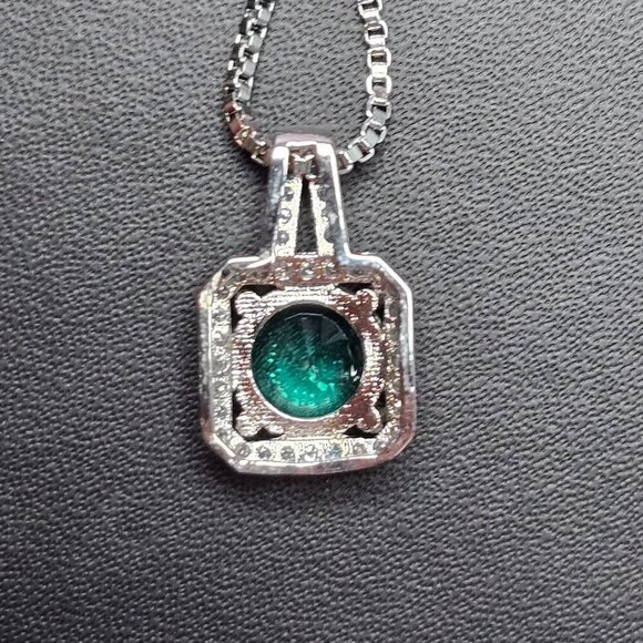 Square Halo Pendant Necklace With Emerald Green Gemstone & Silver Chain - Picture 3 of 5